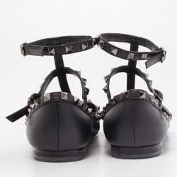 Pre Owned Valentino Black Leather Rockstud Ankle Strap Ballet Flats Size 39