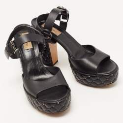 Pre Owned Valentino Black Leather Rockstud  Ankle Strap Sandals Size 38.5