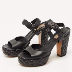 Pre Owned Valentino Black Leather Rockstud  Ankle Strap Sandals Size 38.5