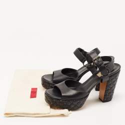 Pre Owned Valentino Black Leather Rockstud  Ankle Strap Sandals Size 38.5