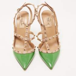 Pre Owned Valentino Green/Beige Patent and Leather Rockstud Pumps Size 40.5