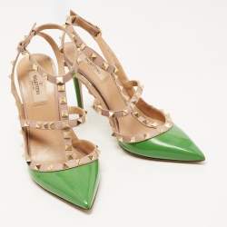 Pre Owned Valentino Green/Beige Patent and Leather Rockstud Pumps Size 40.5