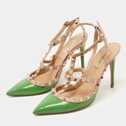 Pre Owned Valentino Green/Beige Patent and Leather Rockstud Pumps Size 40.5