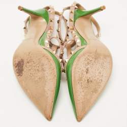 Pre Owned Valentino Green/Beige Patent and Leather Rockstud Pumps Size 40.5