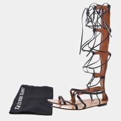 Pre Owned Valentino Black Leather Knee High Gladiator Sandals Size 38