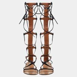 Pre Owned Valentino Black Leather Knee High Gladiator Sandals Size 38