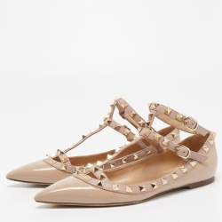 Pre Owned Valentino Two Tone Patent and Leather Rockstud Ankle Strap Ballet Flats Size 38