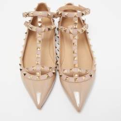 Pre Owned Valentino Two Tone Patent and Leather Rockstud Ankle Strap Ballet Flats Size 38