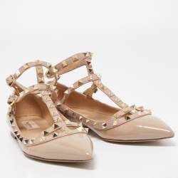 Pre Owned Valentino Two Tone Patent and Leather Rockstud Ankle Strap Ballet Flats Size 38