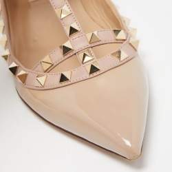 Pre Owned Valentino Two Tone Patent and Leather Rockstud Ankle Strap Ballet Flats Size 38