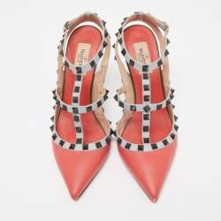 Pre Owned Valentino Multicolor Leather Rockstud Ankle Strap Pumps Size 39.5