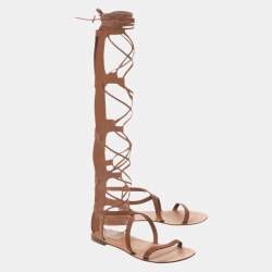 Pre Owned Valentino Brown Leather Gladiator Flat Sandals Size 38