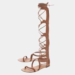 Pre Owned Valentino Brown Leather Gladiator Flat Sandals Size 38