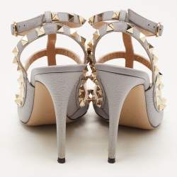 Pre Owned Valentino Grey Leather Rockstud Ankle Strap Pumps Size 38
