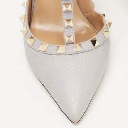 Pre Owned Valentino Grey Leather Rockstud Ankle Strap Pumps Size 38