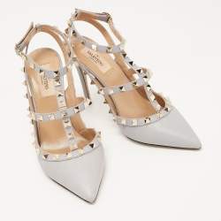 Pre Owned Valentino Grey Leather Rockstud Ankle Strap Pumps Size 38