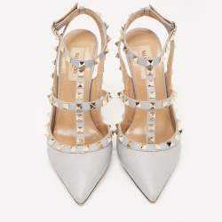 Pre Owned Valentino Grey Leather Rockstud Ankle Strap Pumps Size 38