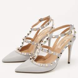 Pre Owned Valentino Grey Leather Rockstud Ankle Strap Pumps Size 38