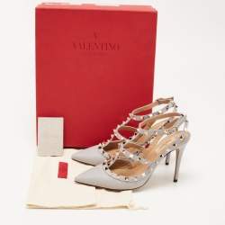 Pre Owned Valentino Grey Leather Rockstud Ankle Strap Pumps Size 38