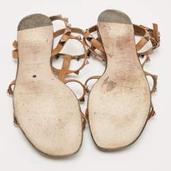 Pre Owned Valentino Brown Leather Rockstud Ankle Strap Flat Sandals Size 38