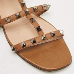 Pre Owned Valentino Brown Leather Rockstud Ankle Strap Flat Sandals Size 38