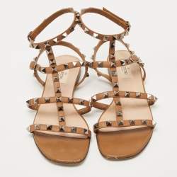 Pre Owned Valentino Brown Leather Rockstud Ankle Strap Flat Sandals Size 38