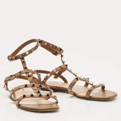 Pre Owned Valentino Brown Leather Rockstud Ankle Strap Flat Sandals Size 38