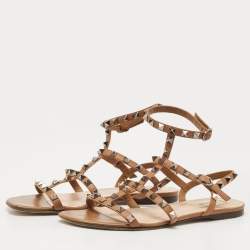 Pre Owned Valentino Brown Leather Rockstud Ankle Strap Flat Sandals Size 38