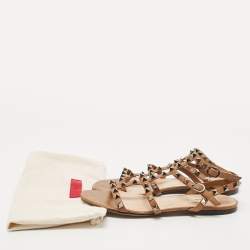Pre Owned Valentino Brown Leather Rockstud Ankle Strap Flat Sandals Size 38