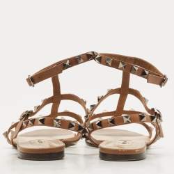Pre Owned Valentino Brown Leather Rockstud Ankle Strap Flat Sandals Size 38