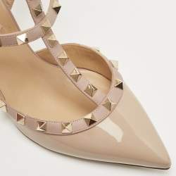 Pre Owned Valentino Two Tone Patent and Leather Rockstud Ankle Strap Pumps Size 37