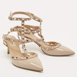 Pre Owned Valentino Two Tone Patent and Leather Rockstud Ankle Strap Pumps Size 37