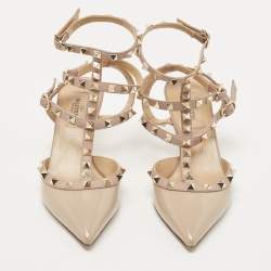 Pre Owned Valentino Two Tone Patent and Leather Rockstud Ankle Strap Pumps Size 37