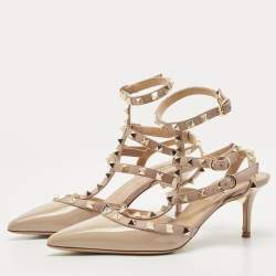 Pre Owned Valentino Two Tone Patent and Leather Rockstud Ankle Strap Pumps Size 37