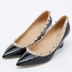 Pre Owned Valentino Black/Pink Patent Leather Rockstud Pointed Toe Wedge Pumps Size 39.5