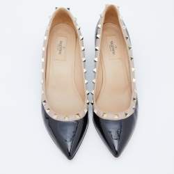 Pre Owned Valentino Black/Pink Patent Leather Rockstud Pointed Toe Wedge Pumps Size 39.5