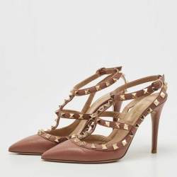 Pre Owned Valentino Pink Leather Rockstud Ankle Strap Pumps Size 35