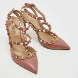 Pre Owned Valentino Pink Leather Rockstud Ankle Strap Pumps Size 35