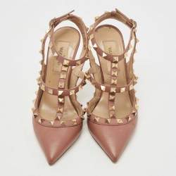 Pre Owned Valentino Pink Leather Rockstud Ankle Strap Pumps Size 35