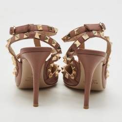 Pre Owned Valentino Pink Leather Rockstud Ankle Strap Pumps Size 35