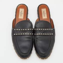 Pre Owned Valentino Black Leather Soul Rockstud Flat Mules Size 38