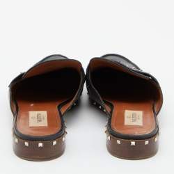 Pre Owned Valentino Black Leather Soul Rockstud Flat Mules Size 38
