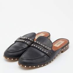 Pre Owned Valentino Black Leather Soul Rockstud Flat Mules Size 38