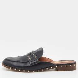 Pre Owned Valentino Black Leather Soul Rockstud Flat Mules Size 38