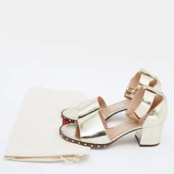 Pre Owned Valentino Gold Patent Leather Soul Rockstud Ankle Strap Block Heel Sandals Size 38