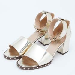 Pre Owned Valentino Gold Patent Leather Soul Rockstud Ankle Strap Block Heel Sandals Size 38