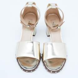 Pre Owned Valentino Gold Patent Leather Soul Rockstud Ankle Strap Block Heel Sandals Size 38