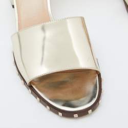 Pre Owned Valentino Gold Patent Leather Soul Rockstud Ankle Strap Block Heel Sandals Size 38