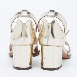 Pre Owned Valentino Gold Patent Leather Soul Rockstud Ankle Strap Block Heel Sandals Size 38