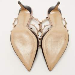 Pre Owned Valentino Black Leather Rockstud Strappy Pointed Toe Mules Size 38.5